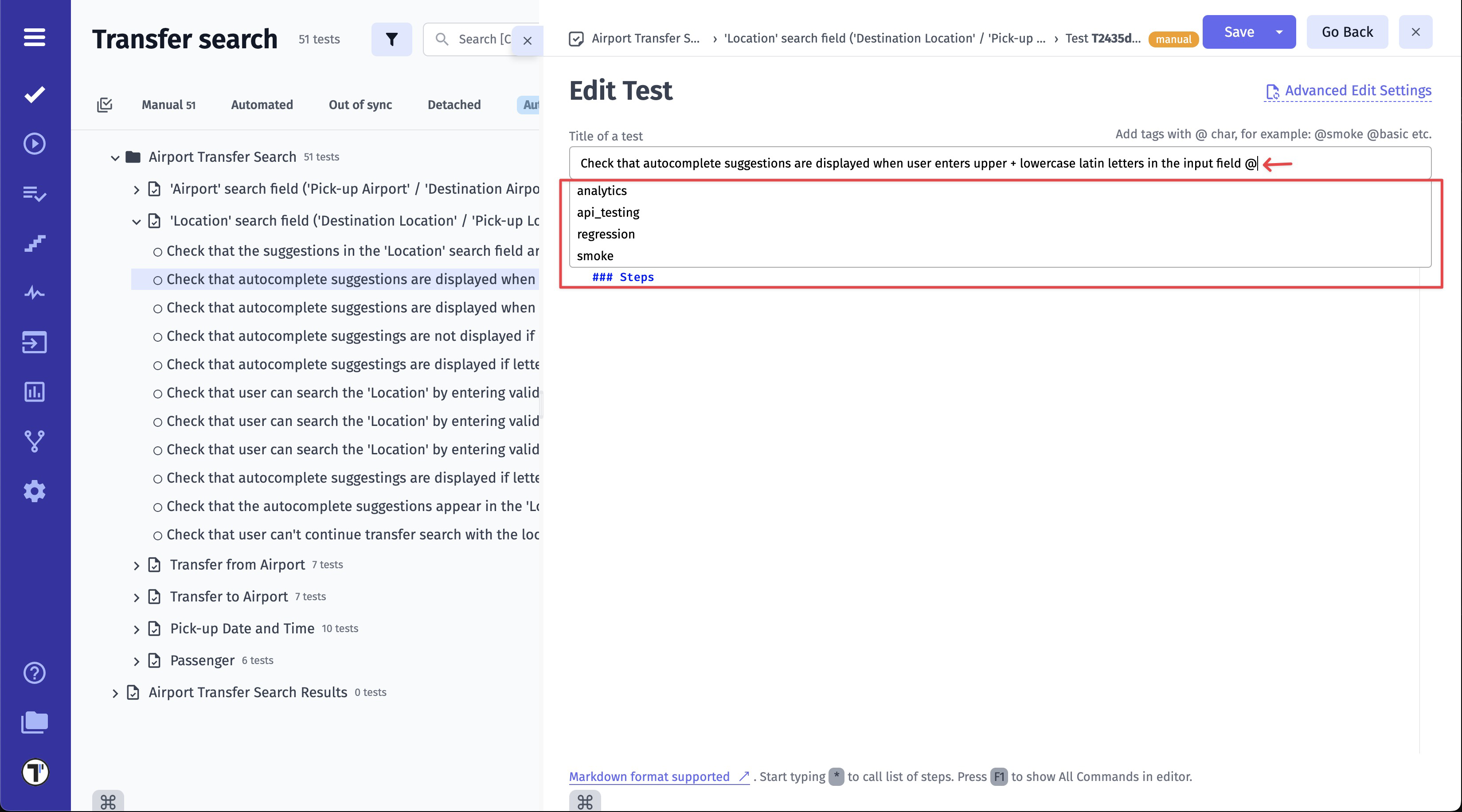 Testomatio - Autocomplete tag
